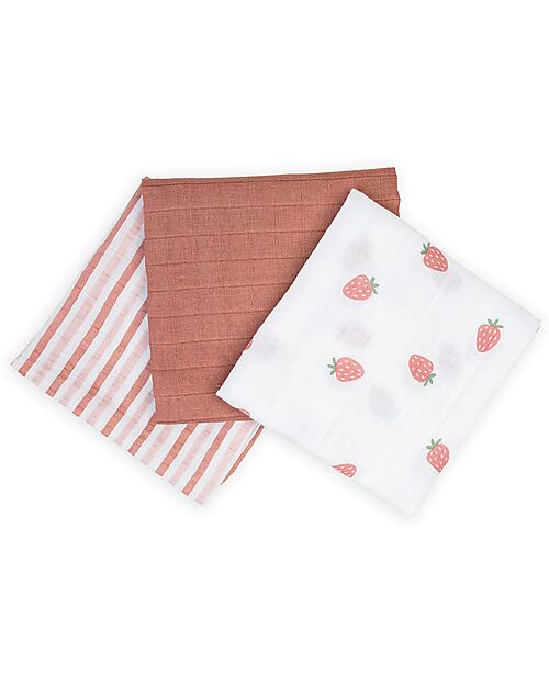 Lulujo Baby Set 3 Swaddle Blankets 69 x 69 cm - Strawberries - 100% Cotton Muslin Swaddle