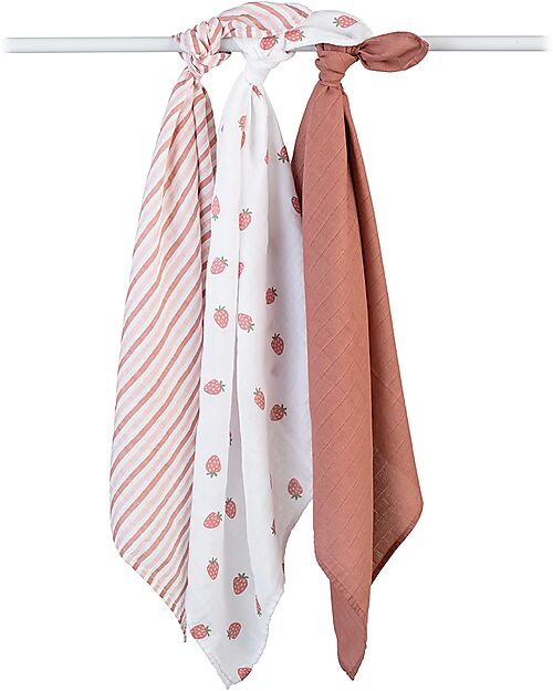Lulujo Baby Set 3 Swaddle Blankets 69 x 69 cm - Strawberries - 100% Cotton Muslin Swaddle