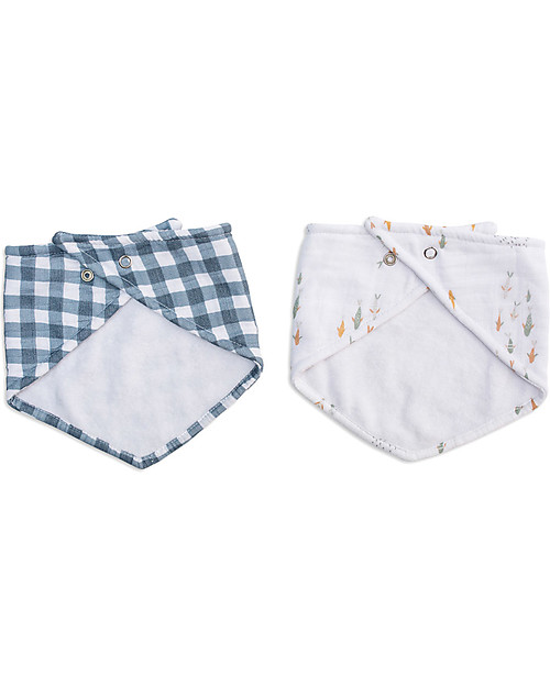 Lulujo Baby Set of 2 Bandana Bibs - Boho - Fish + Navy Gingham - 100% Cotton Muslin Bandana Bibs