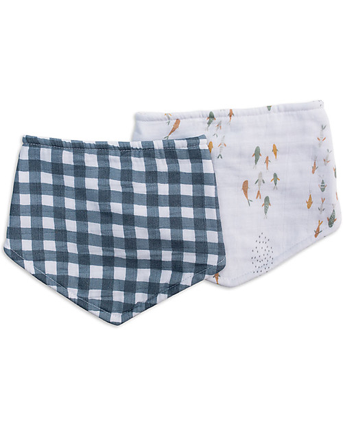 Lulujo Baby Set of 2 Bandana Bibs - Boho - Fish + Navy Gingham - 100% Cotton Muslin Bandana Bibs