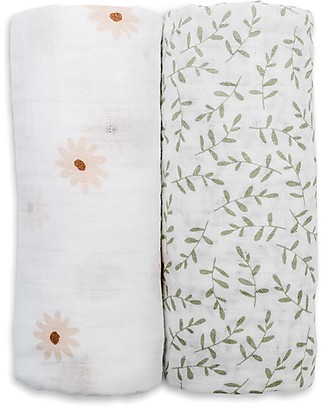 Lulujo Baby Set of 2 Swaddle Blankets 100 x 100 cm - 100% Cotton Muslin - Daisy+Greenery Swaddles