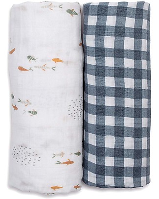 Lulujo Baby Set of 2 Swaddle Blankets 100 x 100 cm - 100% Cotton Muslin - Fish+Navy Gingham Swaddles
