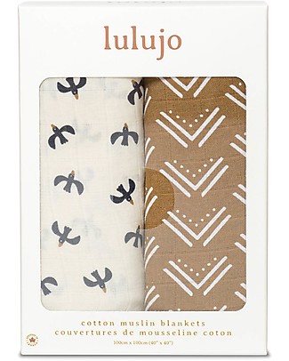 Lulujo Baby Set of 2 Swaddle Blankets 100 x 100 cm - 100% Cotton Muslin - Mudcloth+Black Birds Swaddles