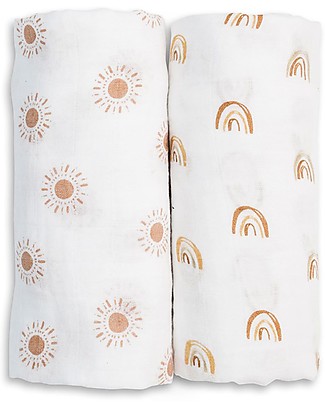 Lulujo Baby Set of 2 Swaddle Blankets 100 x 100 cm - 100% Cotton Muslin - Rainbow+Sun Swaddles