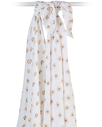 Lulujo Baby Set of 2 Swaddle Blankets 100 x 100 cm - 100% Cotton Muslin - Rainbow+Sun Swaddles