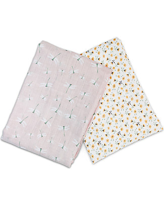 Lulujo Baby Set of 2 Swaddle Blankets 100 x 100 cm - 100% Cotton Muslin - Vintage Floral+Dragonfly Swaddles