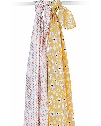 Lulujo Baby Set of 2 Swaddle Blankets 100 x 100 cm - 100% Cotton Muslin - Wild Flowers+Dots Swaddles