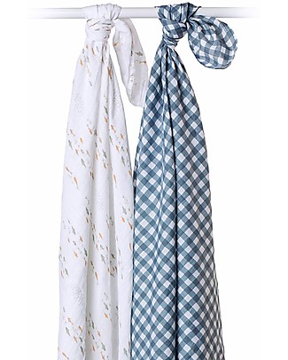 Lulujo Baby Set of 2 Swaddle Blankets 100 x 100 cm - Boho - 100% Cotton Muslin - Fish+Navy Gingham Swaddles