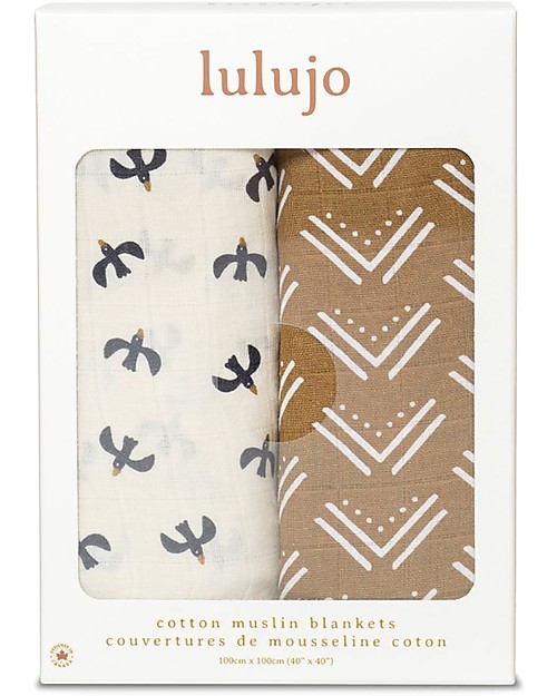 Lulujo Baby Set of 2 Swaddle Blankets 100 x 100 cm - Boho - 100% Cotton Muslin - Mudcloth+Black Birds Muslin Swaddle