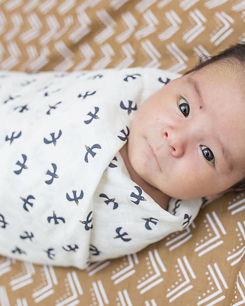 Lulujo Baby Set of 2 Swaddle Blankets 100 x 100 cm - Boho - 100% Cotton Muslin - Mudcloth+Black Birds Muslin Swaddle