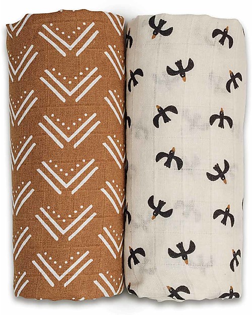 Lulujo Baby Set of 2 Swaddle Blankets 100 x 100 cm - Boho - 100% Cotton Muslin - Mudcloth+Black Birds Muslin Swaddle