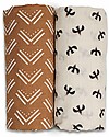 Lulujo Baby Set of 2 Swaddle Blankets 100 x 100 cm - Boho - 100% Cotton Muslin - Mudcloth+Black Birds Muslin Swaddle