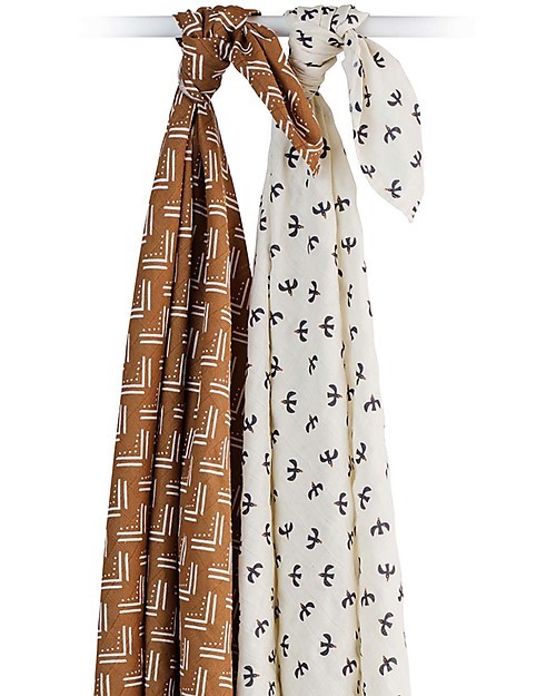 Lulujo Baby Set of 2 Swaddle Blankets 100 x 100 cm - Boho - 100% Cotton Muslin - Mudcloth+Black Birds Muslin Swaddle