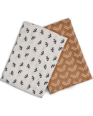 Lulujo Baby Set of 2 Swaddle Blankets 100 x 100 cm - Boho - 100% Cotton Muslin - Mudcloth+Black Birds Swaddles