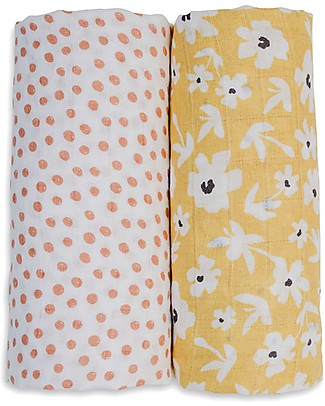 Lulujo Baby Set of 2 Swaddle Blankets 100 x 100 cm - Boho - 100% Cotton Muslin - Wild Flowers+Dots Swaddles