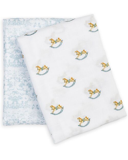 Lulujo Baby Set of 2 Swaddle Covers 100 x 100 cm - Rocking Horse/Toile - 100% Cotton Muslin Muslin Swaddle