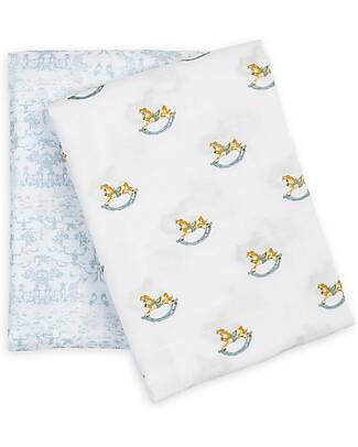Lulujo Baby Set of 2 Swaddle Covers 100 x 100 cm - Rocking Horse/Toile - 100% Cotton Muslin Muslin Swaddle