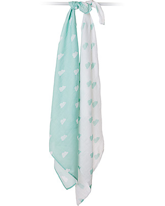 Lulujo Baby Set of 2 Swaddles 100 x 100 cm, Aqua Clouds - 100% cotton muslin Swaddles