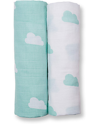 Lulujo Baby Set of 2 Swaddles 100 x 100 cm, Aqua Clouds - 100% cotton muslin Swaddles