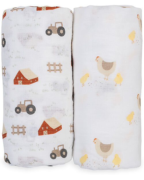 Lulujo Baby Set of 2 Swaddles 100 x 100 cm - Barnyard/Hen & Chicks - 100% cotton muslin Muslin Swaddle