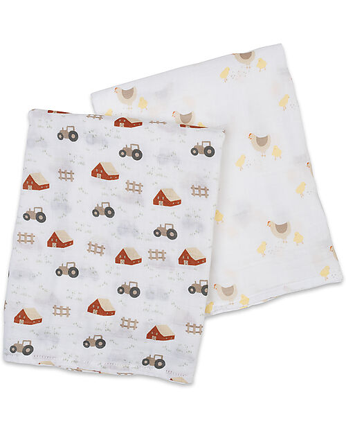 Lulujo Baby Set of 2 Swaddles 100 x 100 cm - Barnyard/Hen & Chicks - 100% cotton muslin Muslin Swaddle