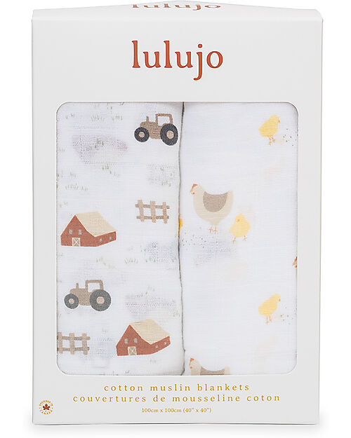 Lulujo Baby Set of 2 Swaddles 100 x 100 cm - Barnyard/Hen & Chicks - 100% cotton muslin Muslin Swaddle