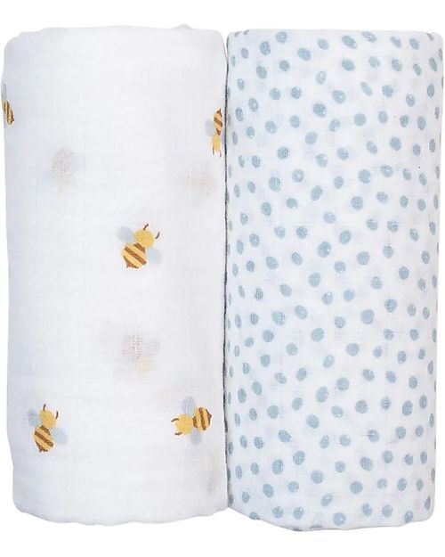 Lulujo Baby Set of 2 Swaddles 100 x 100 cm - Bees/Dots - 100% cotton muslin Muslin Swaddle