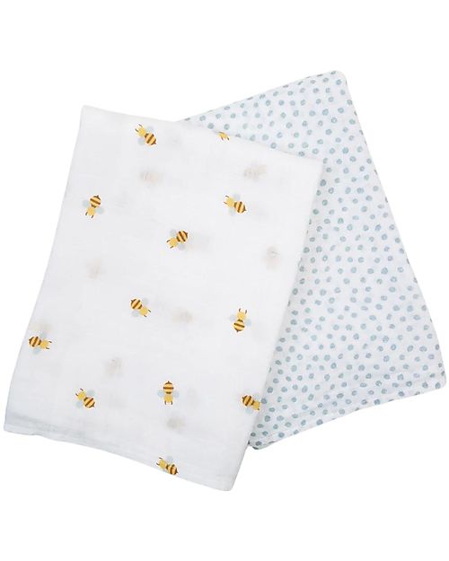 Lulujo Baby Set of 2 Swaddles 100 x 100 cm - Bees/Dots - 100% cotton muslin Muslin Swaddle