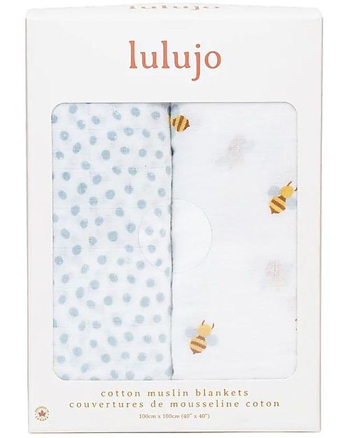 Lulujo Baby Set of 2 Swaddles 100 x 100 cm - Bees/Dots - 100% cotton muslin Muslin Swaddle