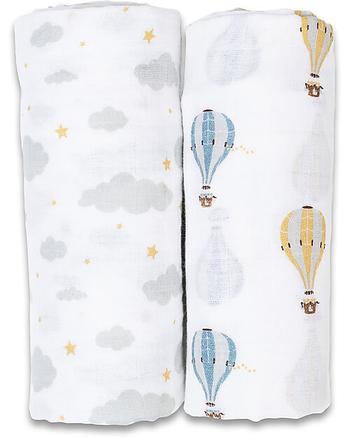 Lulujo Baby Set of 2 Swaddles 100 x 100 cm - Hot Air Baloon - 100% cotton muslin Muslin Swaddle