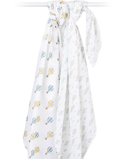 Lulujo Baby Set of 2 Swaddles 100 x 100 cm - Hot Air Baloon - 100% cotton muslin Muslin Swaddle