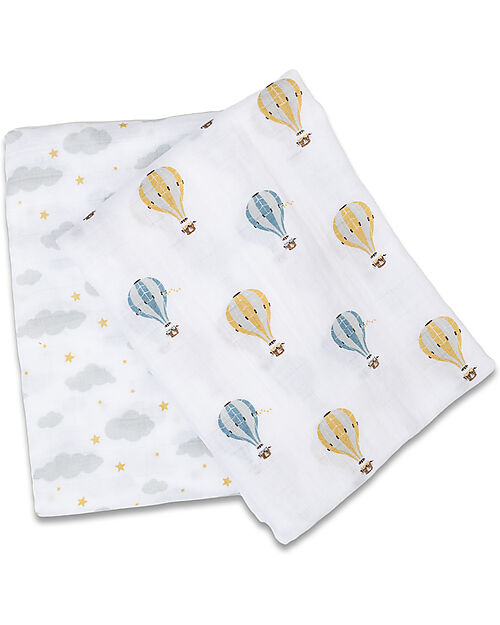 Lulujo Baby Set of 2 Swaddles 100 x 100 cm - Hot Air Baloon - 100% cotton muslin Muslin Swaddle