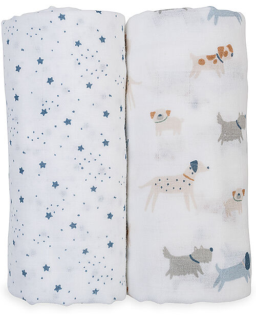 Lulujo Baby Set of 2 Swaddles 100 x 100 cm - Puppy Dog/Stars - 100% cotton muslin Muslin Swaddle