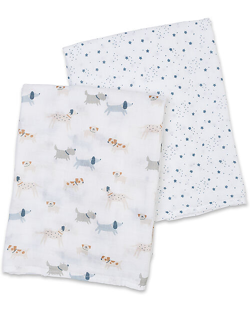 Lulujo Baby Set of 2 Swaddles 100 x 100 cm - Puppy Dog/Stars - 100% cotton muslin Muslin Swaddle