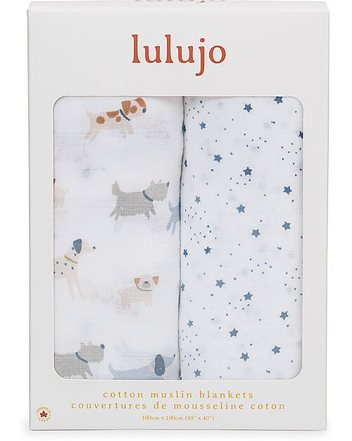 Lulujo Baby Set of 2 Swaddles 100 x 100 cm - Puppy Dog/Stars - 100% cotton muslin Muslin Swaddle