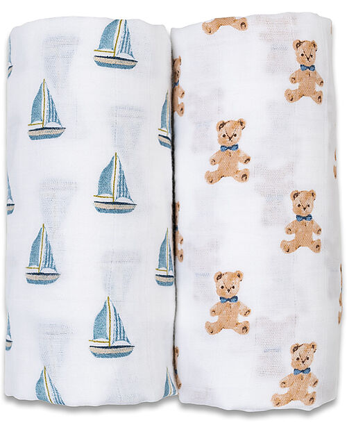 Lulujo Baby Set of 2 Swaddles 100 x 100 cm - Vintage Bears/Sail Boat - 100% cotton muslin Muslin Swaddle