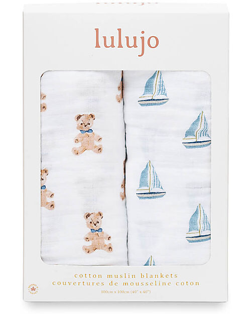 Lulujo Baby Set of 2 Swaddles 100 x 100 cm - Vintage Bears/Sail Boat - 100% cotton muslin Muslin Swaddle