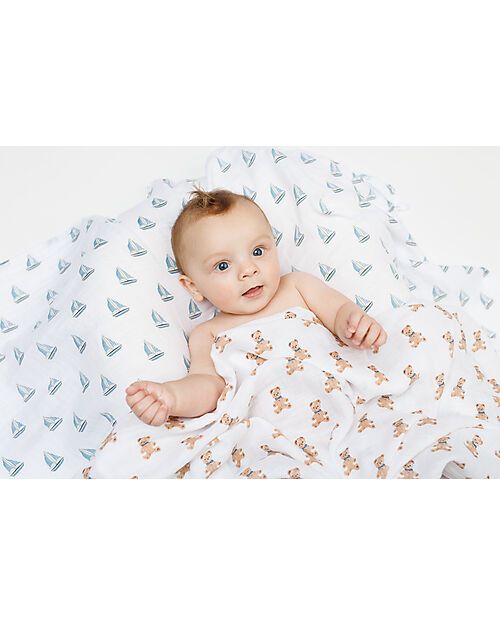 Lulujo Baby Set of 2 Swaddles 100 x 100 cm - Vintage Bears/Sail Boat - 100% cotton muslin Muslin Swaddle