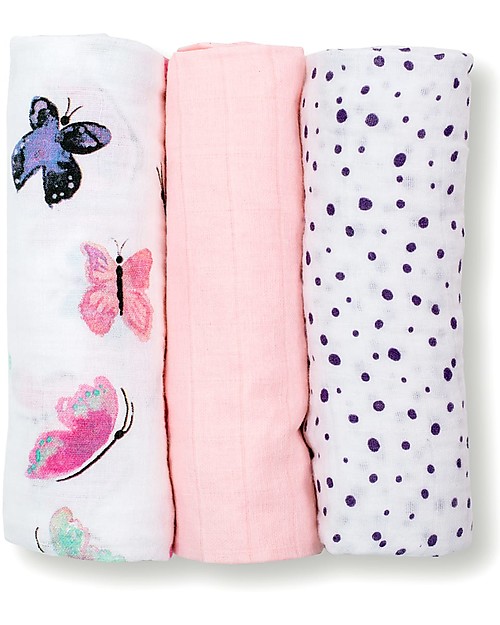 Lulujo Baby Set of 3 Cloths 70 x 70 cm, Butterfly - 100% cotton muslin Muslin Swaddle