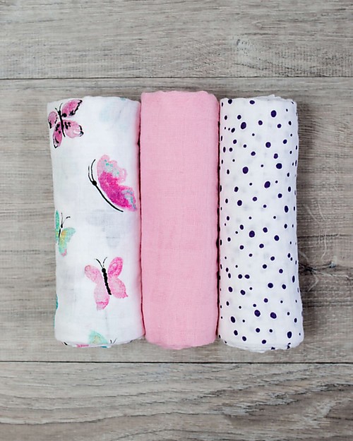 Lulujo Baby Set of 3 Cloths 70 x 70 cm, Butterfly - 100% cotton muslin Muslin Swaddle