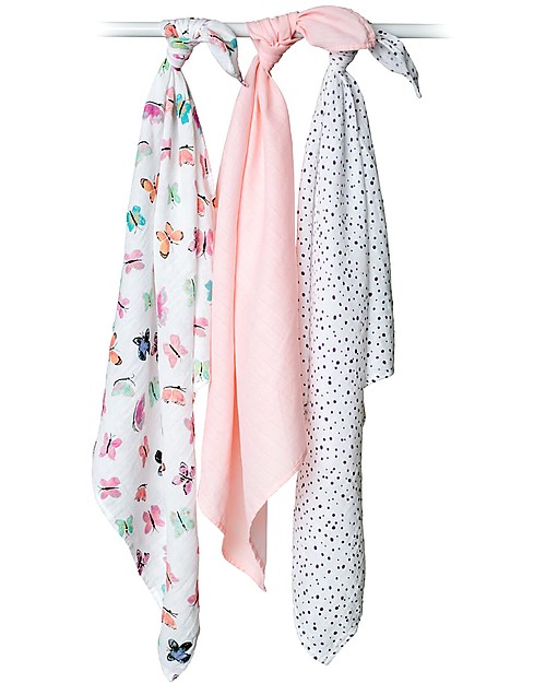 Lulujo Baby Set of 3 Cloths 70 x 70 cm, Butterfly - 100% cotton muslin Muslin Swaddle