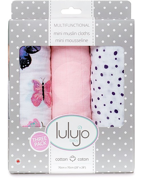 Lulujo Baby Set of 3 Cloths 70 x 70 cm, Butterfly - 100% cotton muslin Muslin Swaddle