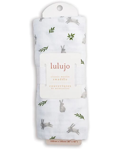 Lulujo Baby Swaddle Blanket 100x100 cm - Bunnies - 100% Cotton Muslin Muslin Swaddle