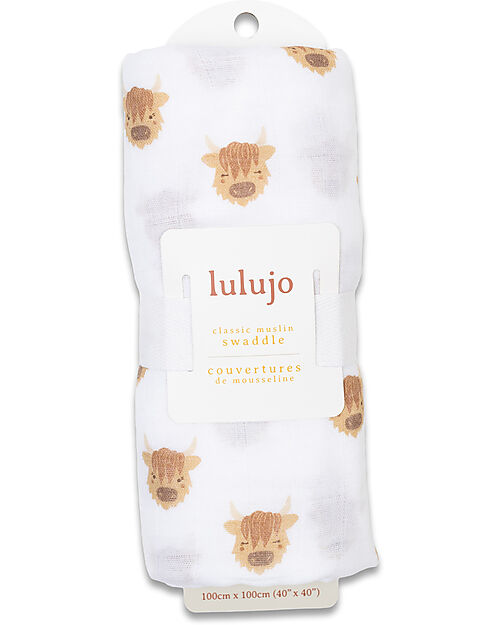 Lulujo Baby Swaddle Blanket 100x100 cm - Highlander Cow - 100% Cotton Muslin Muslin Swaddle