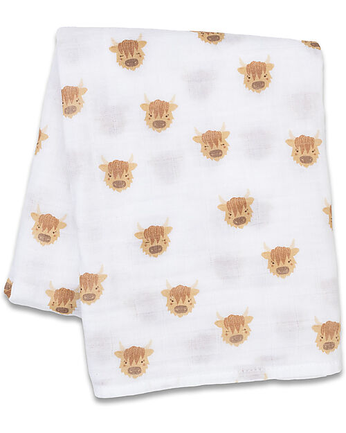 Lulujo Baby Swaddle Blanket 100x100 cm - Highlander Cow - 100% Cotton Muslin Muslin Swaddle