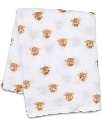 Lulujo Baby Swaddle Blanket 100x100 cm - Highlander Cow - 100% Cotton Muslin Muslin Swaddle