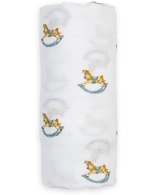 Lulujo Baby Swaddle Blanket 100x100 cm - Rocking Horse - 100% Cotton Muslin Muslin Swaddle