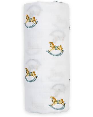 Lulujo Baby Swaddle Blanket 100x100 cm - Rocking Horse - 100% Cotton Muslin Muslin Swaddle