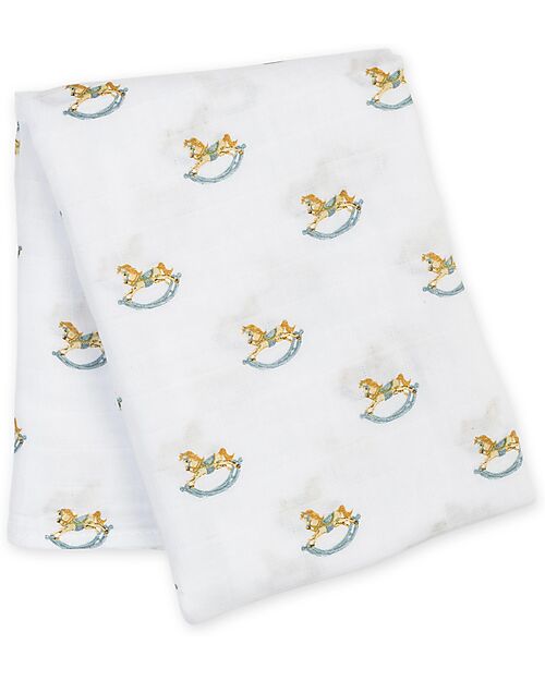 Lulujo Baby Swaddle Blanket 100x100 cm - Rocking Horse - 100% Cotton Muslin Muslin Swaddle