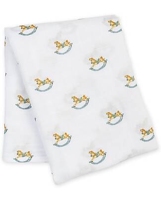 Lulujo Baby Swaddle Blanket 100x100 cm - Rocking Horse - 100% Cotton Muslin Muslin Swaddle
